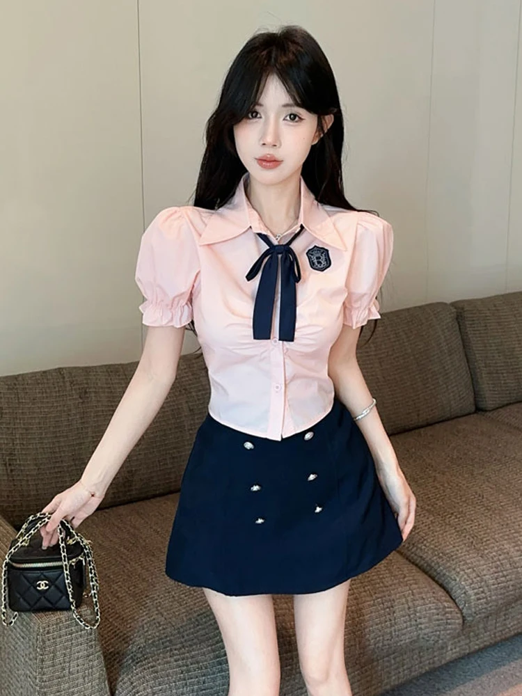 

Pink Sweet Girl School Style Bubble Sleeve Shirt High Waist A-Line Skirt Set Fashionable Student Uniform Short Sleeve Po...