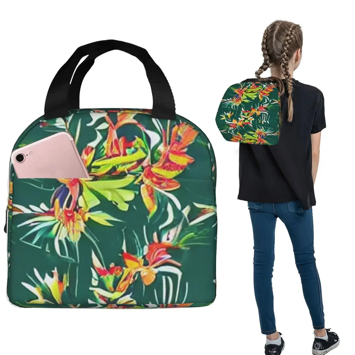 Tropical Green Leaves And Flowers Pattern Insulated Lunch Bag for Women Kids Portable Food Boxes Thermal Lunch Box Tote