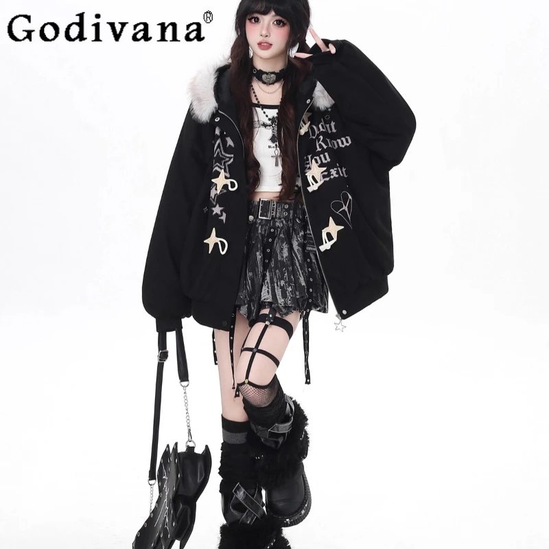 الشتاء القطن وسادة مبطنة المرأة الأصلي نجمة رسالة انفصال فضفاض سترات الإناث النمط الياباني فضفاض مقنعين سترة