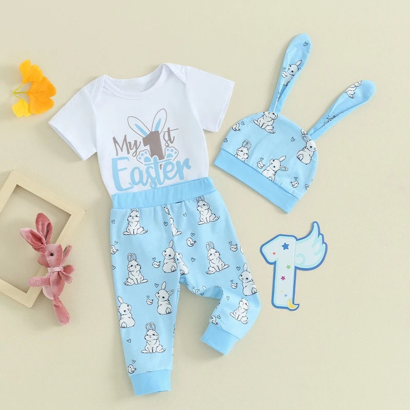 Baby Girls Easter Pants Sets Short Sleeve Letter Print Romper Bunny Print Pants Hat Sets