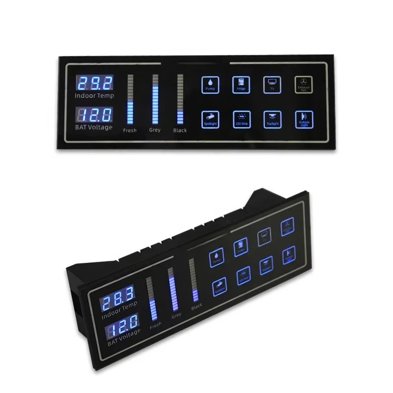 Customizable 8-way switch control panel with blue backlit touch switch panel with sensors and relays for cars, RVs, campers