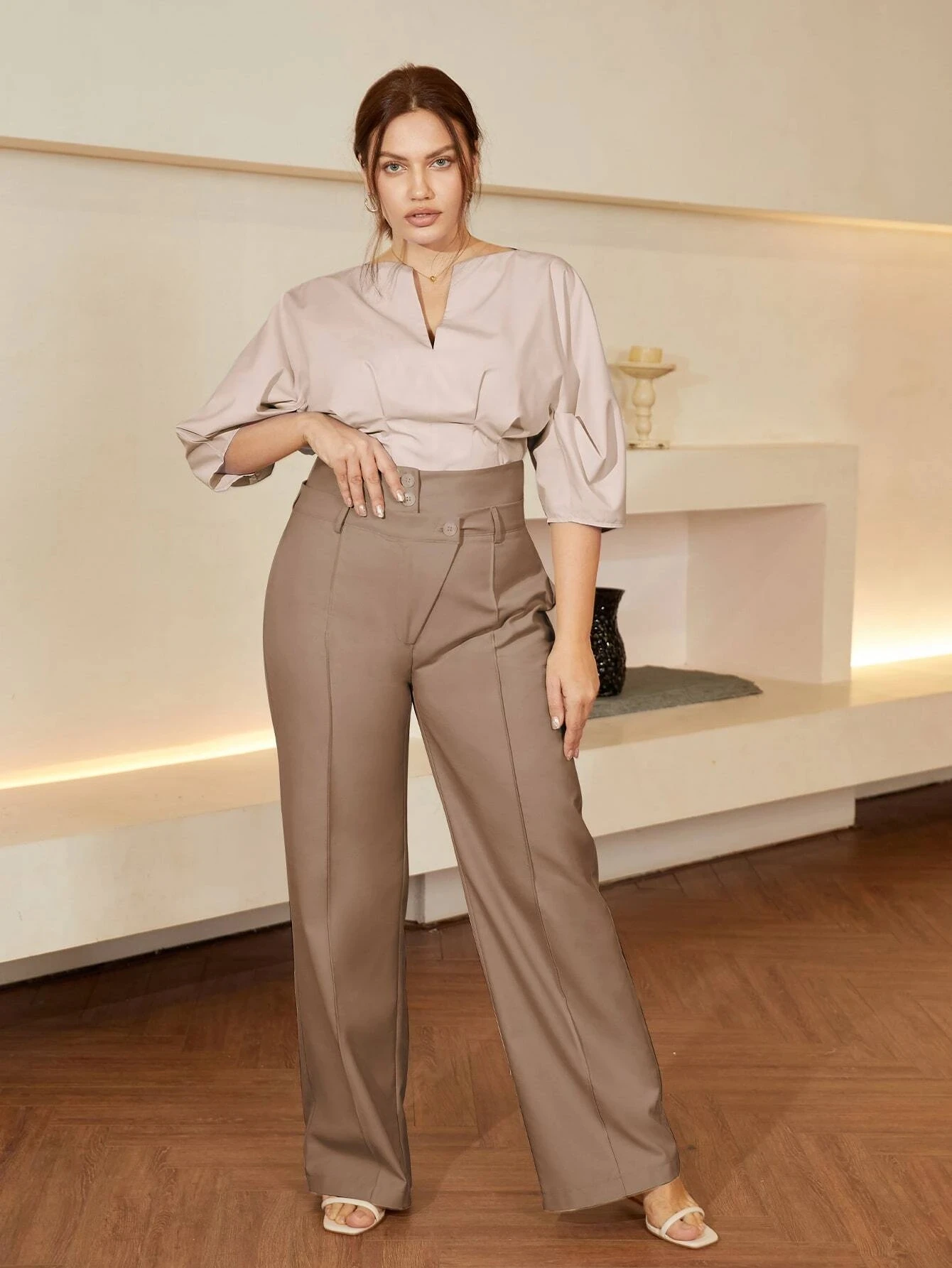 AEL Lady Chic New Fashion Elegant Casual Button Loose Trousers Woman Solid Plus High Waist Wide Leg Suit Pants