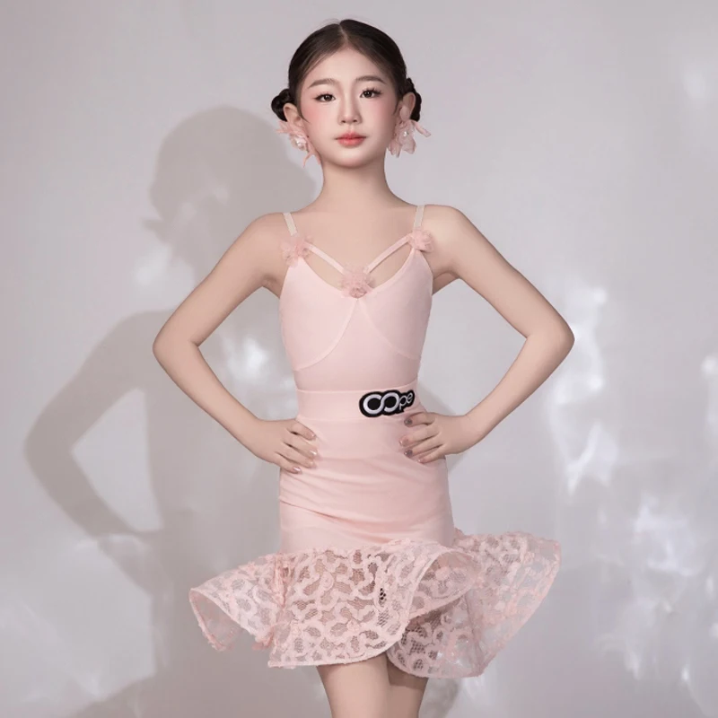 

Лето 2025 г., одежда для латинских танцев, топы на подтяжках для девочек, юбка, розовое платье, детские комплекты тренировочной одежды для латинских танцев, BL14819