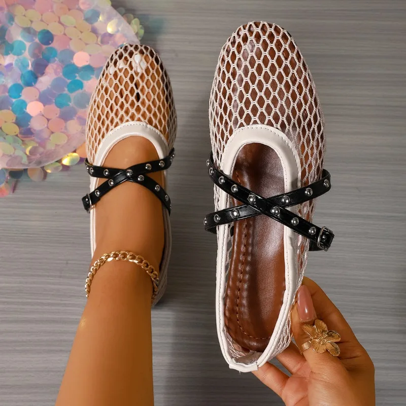 Women Sandals Summer Round Toe Buckles Shoes Casual Comfortable Flats Sandals Mary Jane Fishnet Shoes Women Zapatos De Mujer