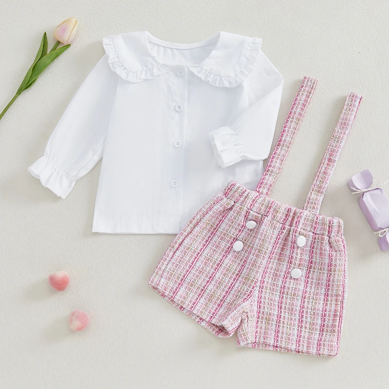 Baby Girl Fall Outfit Solid Doll Collar Ruffle Sleeve Button Shirt T Suspender Shorts 2 Piece Set