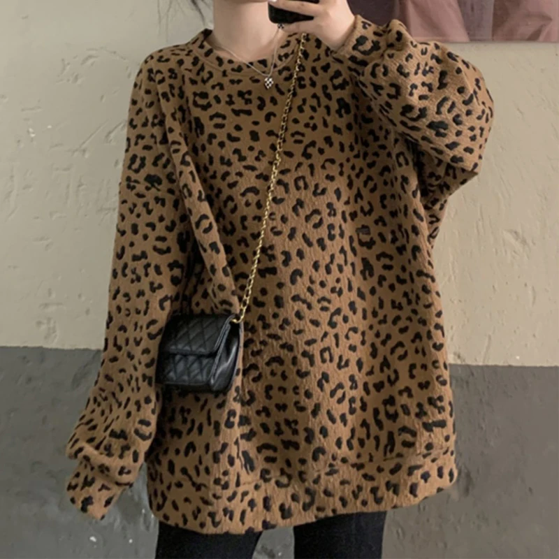 Women Vintage Fashion Leopard Print Streetwear Oversized Sweatshirt Y2K Harajuku Casual Hoodies O Neck Long Sleeve Pullover Tops