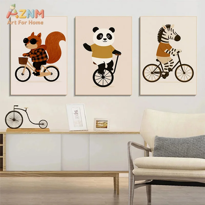 AZNM Cartoon Sporty Animal Canvas Wall Art Giraffe Raccoon Bicycle Skateboard Print Neutral Kids Nursery Unframed Decor Print