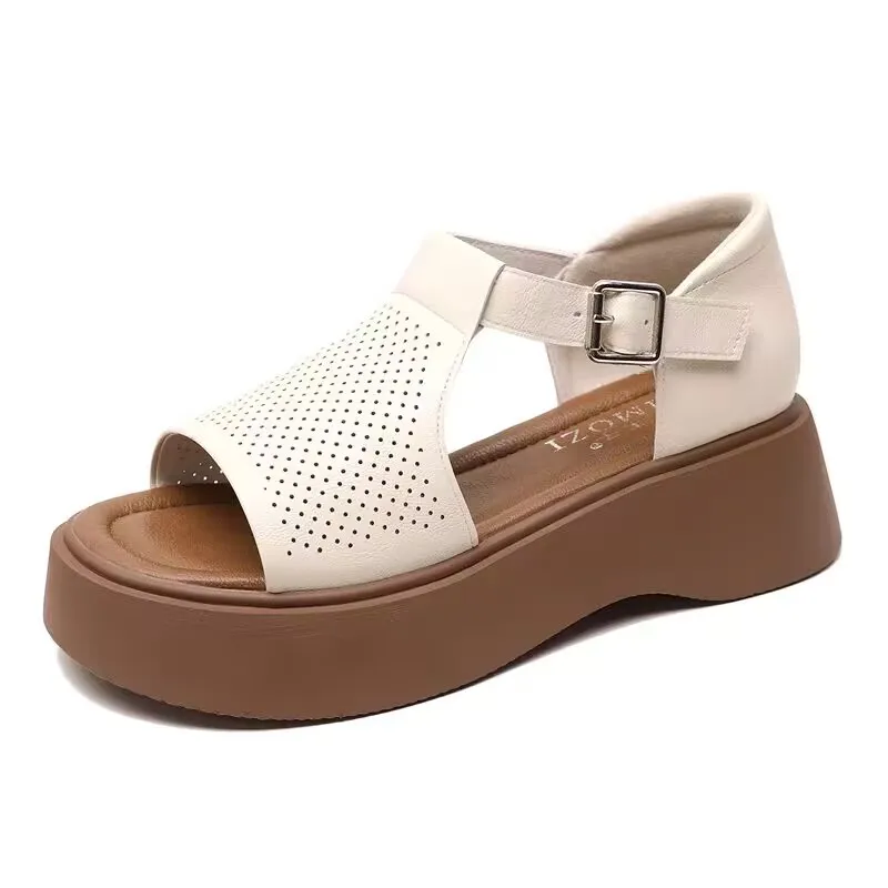 

Женские кожаные сандалии больших размеров с открытым носком, римские сандалии на толстой подошве на плоской подошве, дышащая удобная женская обувь, тренд 2023 года