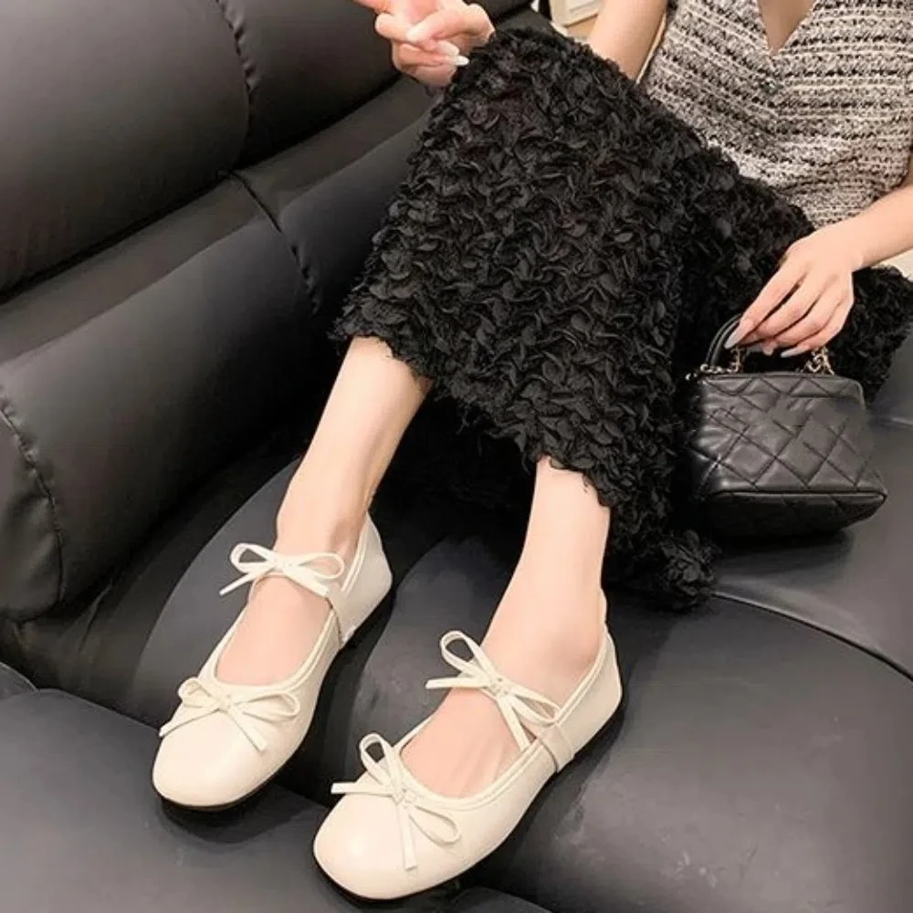 

Fashion Sweet Bowknot Flat Shoes Soft Sole Solid Color Slip On Loafers PU Leather Casual Ballet Flats Women