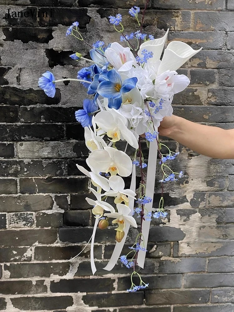 JaneVini Blue Flowers White Phalaenopsis Orchid Waterfall Bridal Bouquets For Wedding Cascading Bride Wedding Bouquet Mariage