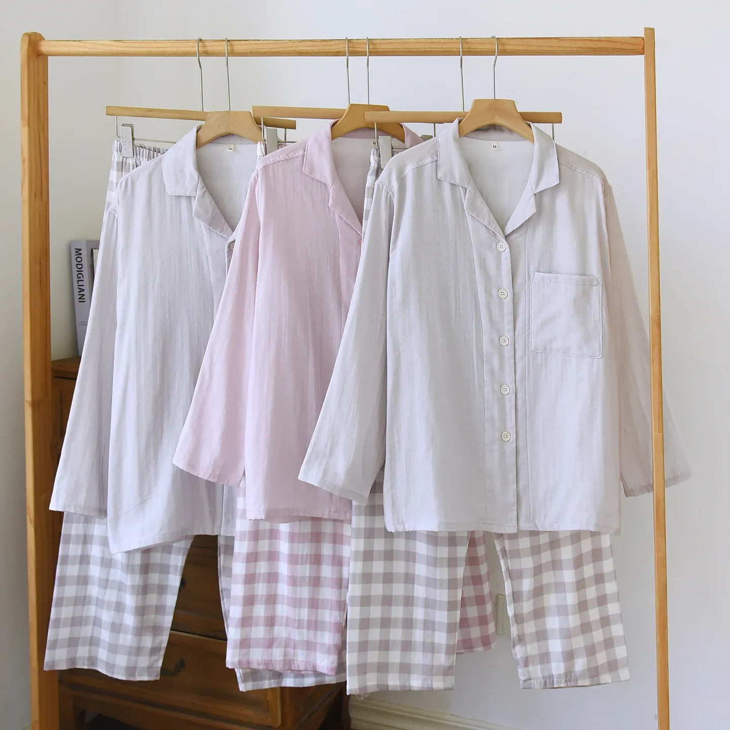 

Sleepwear Clothes for Men's and Women's Cotton Long Sleeved Long Pants Two-piece Pajamas Set Couple Home Clothes