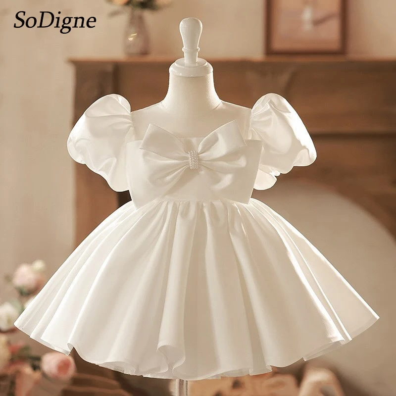 SoDigne Satin A-line Flower Girl Dress O-neck Short Sleeves Skirt Girls Party Dresses Simple Kid Gown with Bow Customized