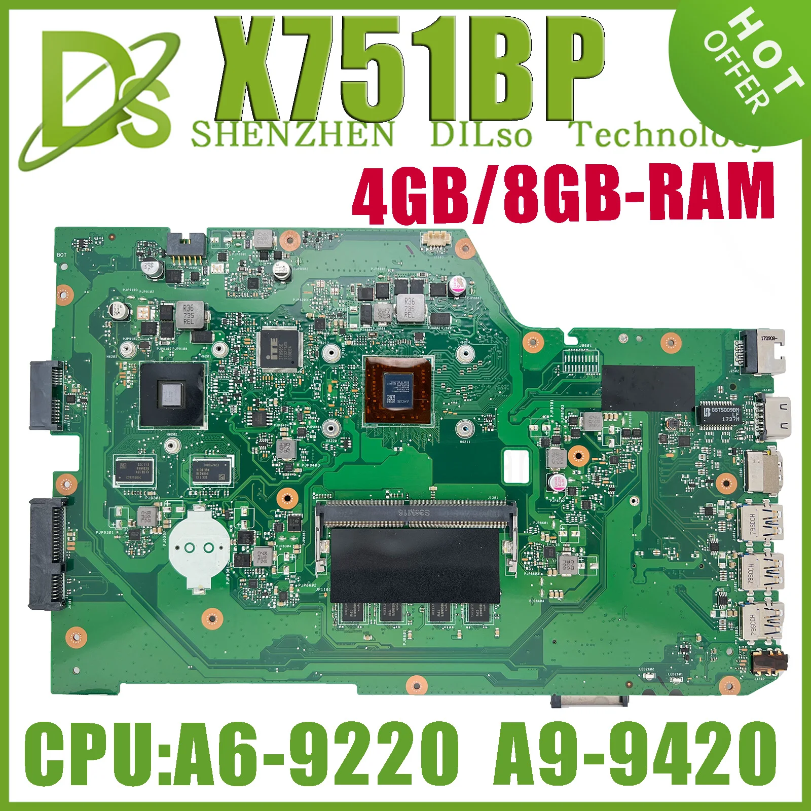 

KEFU X751BP MAINboard For ASUS VIVOBOOK X751B Laptop Motherboard With A6-9220 A9-9440 CPU 4GB/8GB-RAM OK 100% Test