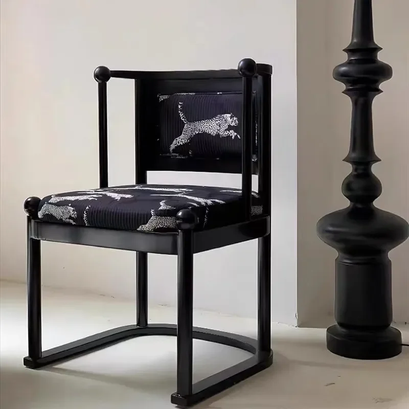 Leopard Print Chair Solid Wood Backrest French Medieval Style Dining Armchair Retro Design Living Room Furniture
