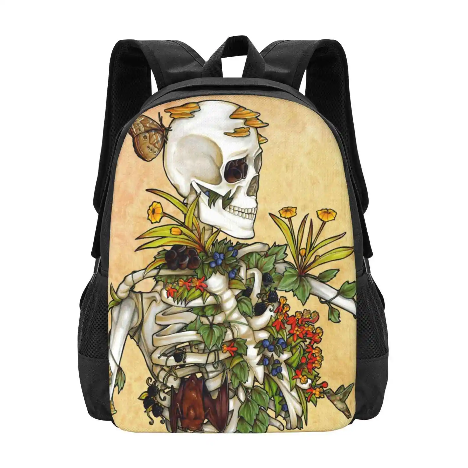 Bones And Botany Backpacks For School Teenagers Girls Travel Bags Bones Botany Plants Animals Bats Flowers Fungus Traditional