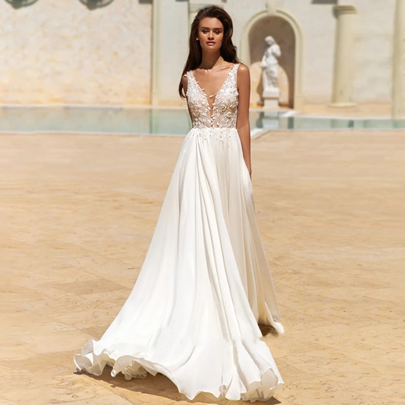 

Sexy A-Line Deep V-Neck Wedding Dress 2024 Elegant Sleeveless Lace Appliques Backless Zipper Chiffon Train Vestido De Noiva
