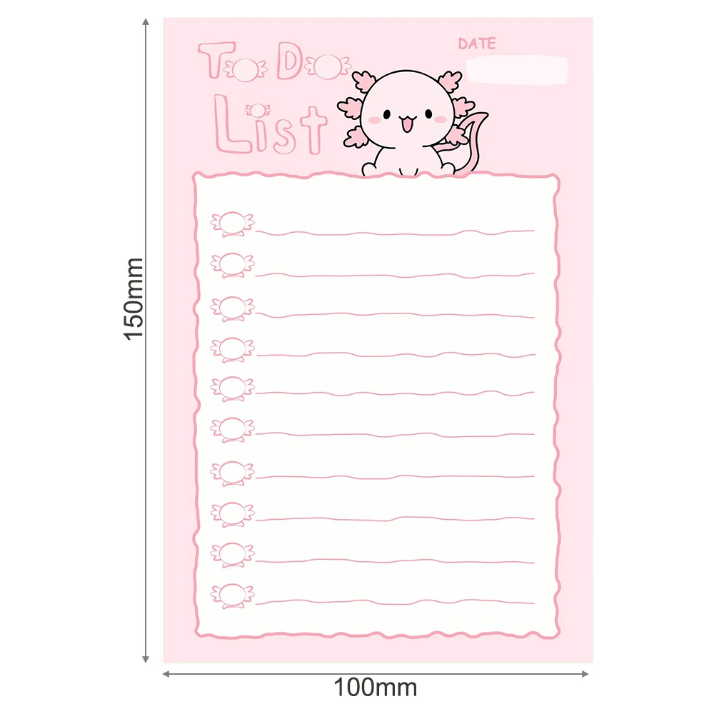 Kawaii Axolotl To Do List Big Sticky Notes for Task Planner to Reach Goals, School Office Stationery Supplies, 50 Sheets 4” x 6”