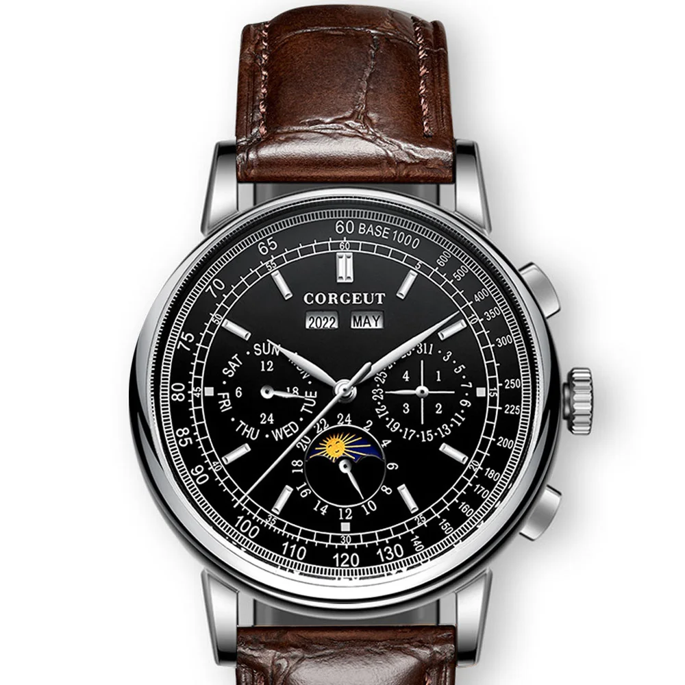 Corgeut Grün/Rosa/Weiß/Schwarz/Blau 42 mm multifunktionale ST1655 polierte automatische Herrenarmbanduhr mit Lederarmband 10