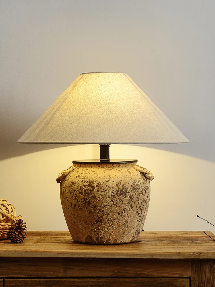 

Wabi Sabi Wind Table Lamp B & B Zen Cream Retro Style Handmade Pottery Pot Living Room Bedroom Bedside Japanese Decorative Lamps