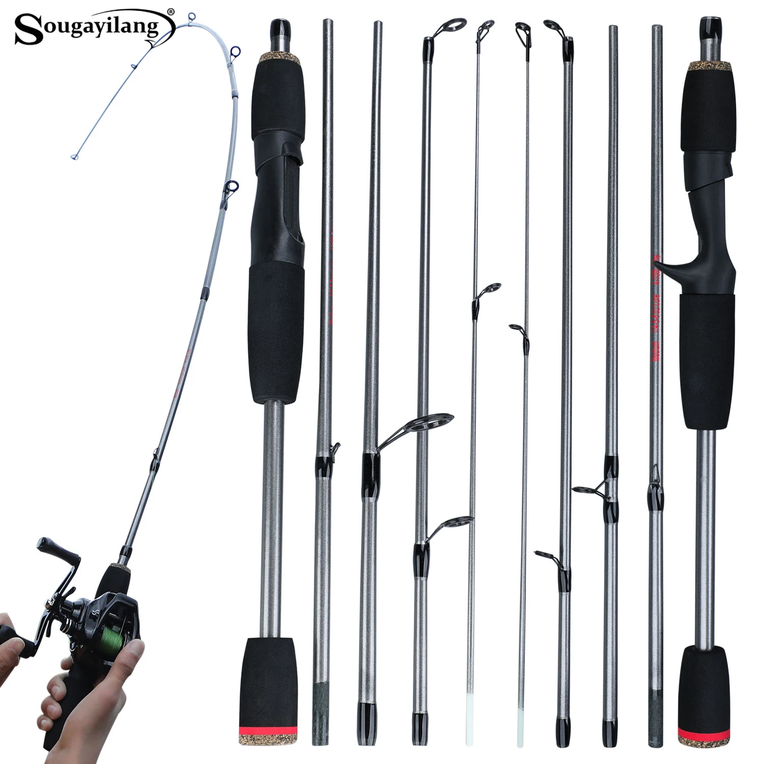 Sougayilang Wędka spinningowa / castingowa 5-sekcyjna ultralekka wędka z włókna szklanego z uchwytem EVA Waga przynęty 10LB do wędkowania Pesca