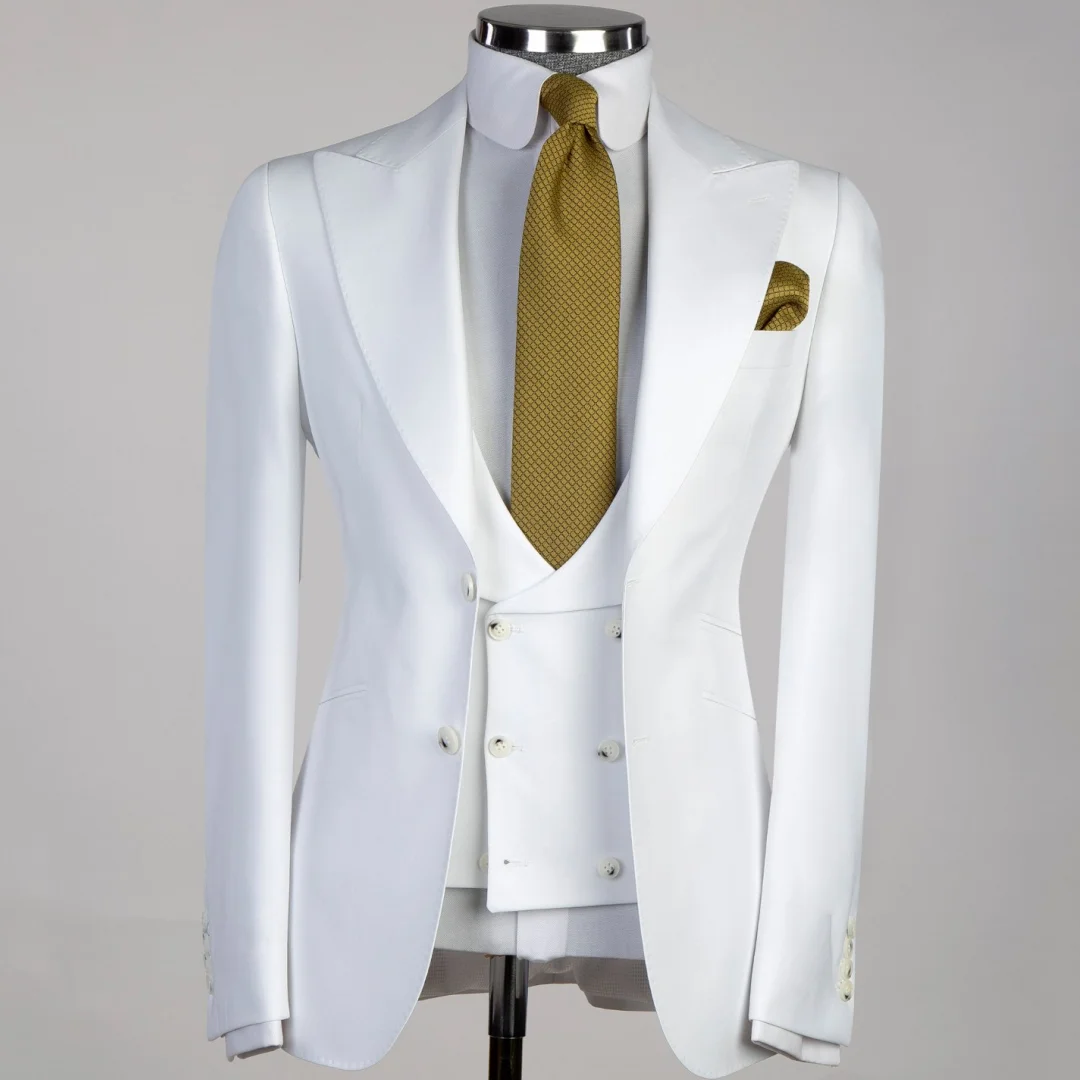 Men Suit 3 Pieses White Solid With Lapel And Pocket For Wedding Birthday Business Party Office Work Jacket Vest With Pant