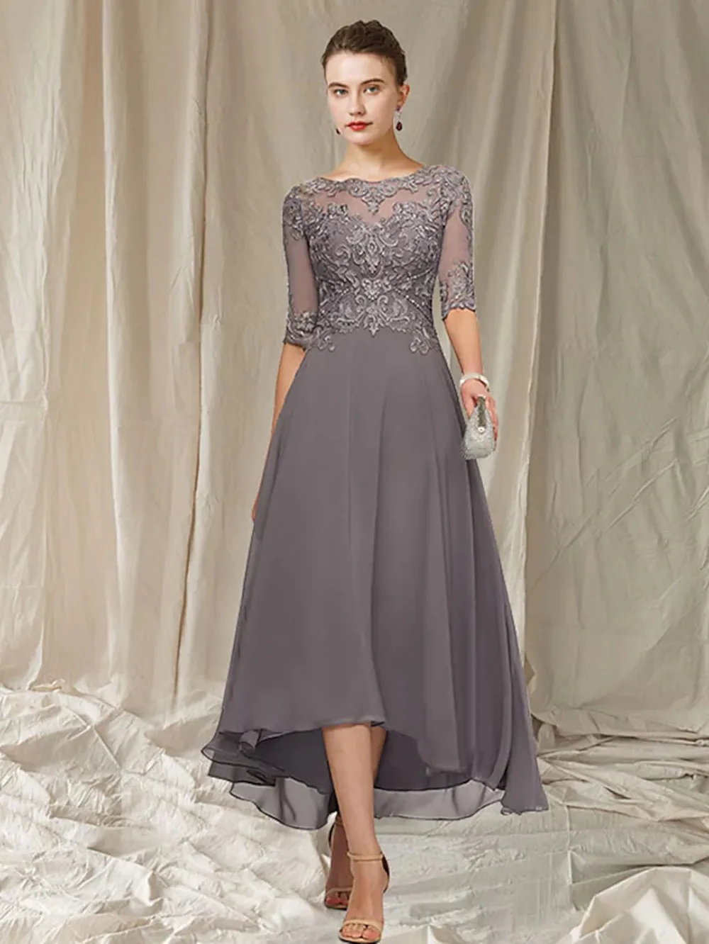 Elegant A-Line Mother of the Bride Dress Jewel Neck Asymmetrical Ankle Length Chiffon Lace Half Sleeve with Pleats Appliques