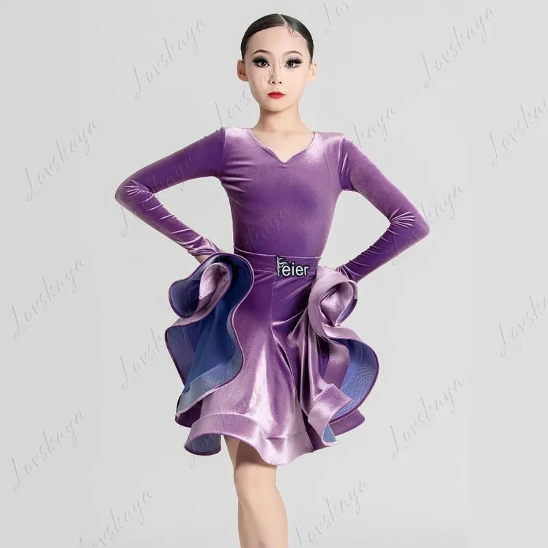 

Girls' Latin Dance Competition - Specialized Winter Uniform - New Style for Autumn and Winter - High-end Version for Children