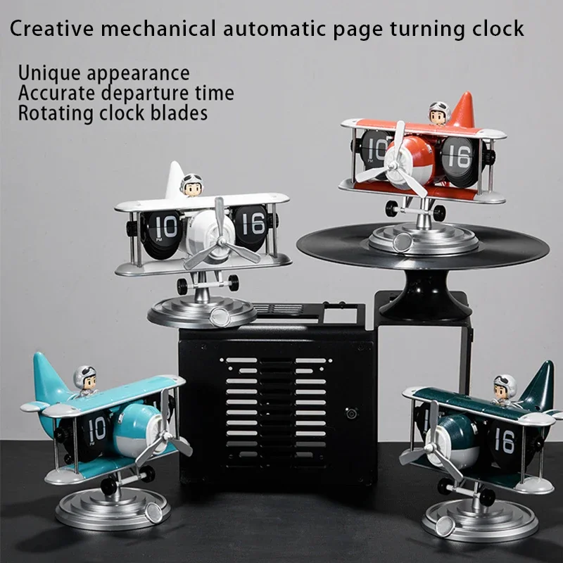 Helicopter Flip Clock, Auto Page Turning Clock, 12 Hours Display, Airplane Ornament, Aircraft Desk Clock Decoration