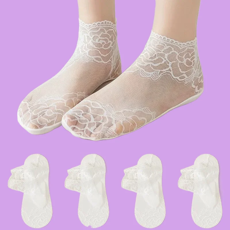 5/10 Pairs Summer New Hollow Lace Flower Boat Socks Women Mesh Low Cut  Ankle Socks Slippers Female Anti-Slip Sexy Short Socks