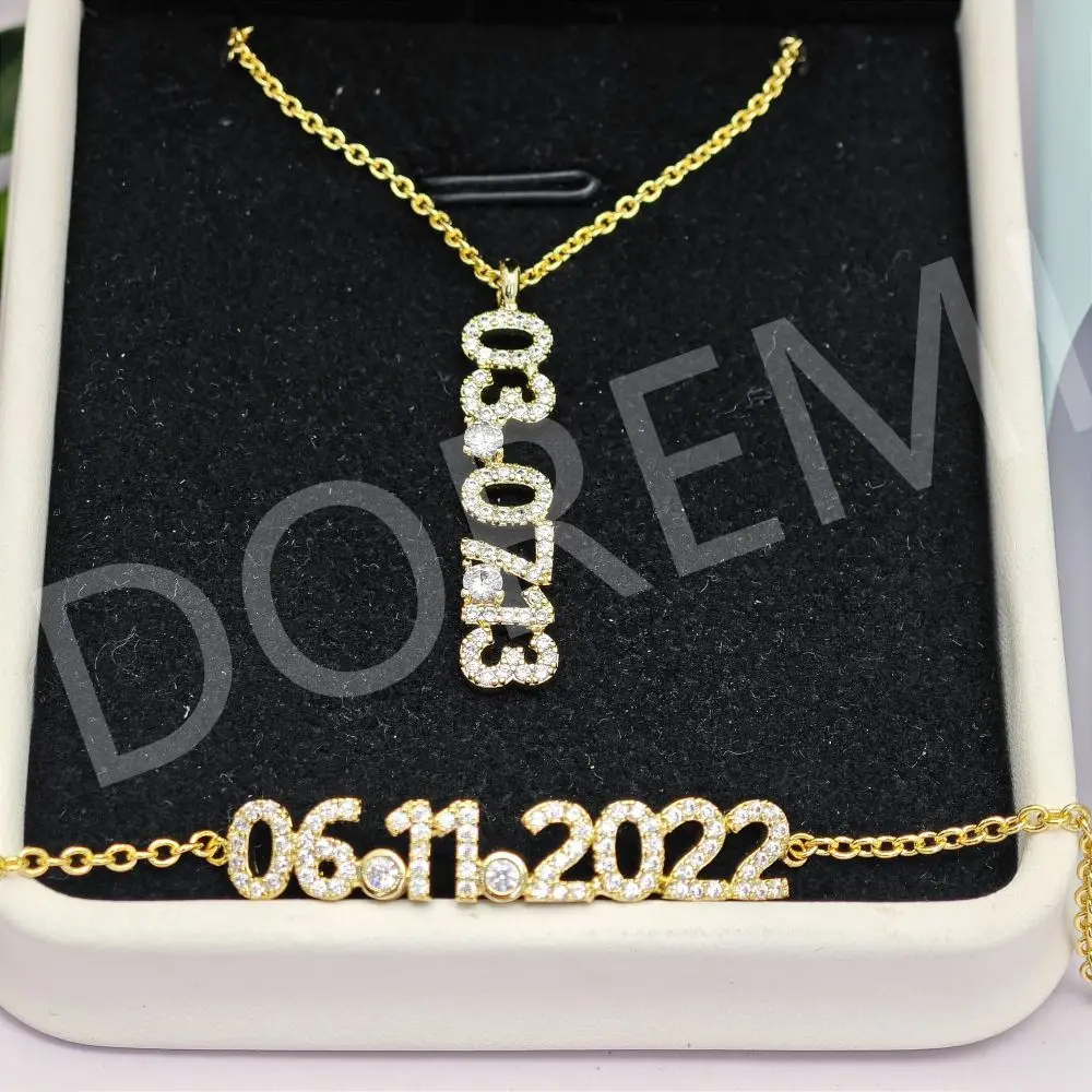 

DOREMI 6mm Date Bracelet Necklace Set Custom Name Jewelry Gift Set Full Crystal Zircon Date Number Bracelet for Kids Girls Set