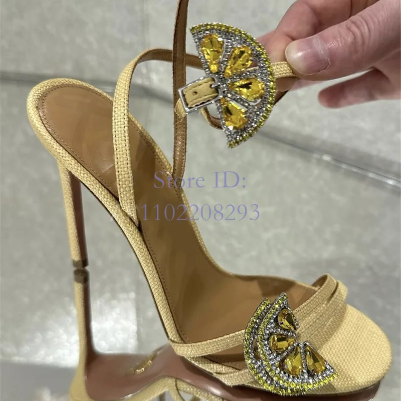 Crystal Gold Lemon Buckle Stilettos Sandals Solid Round Toe Back Strap Thin High Heeled Rome Pumps 2024 Women Gladiator Shoes