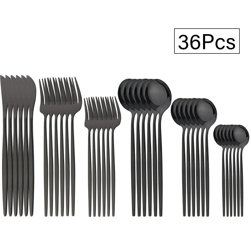 36Pcs Black Cutlery Sets Stainless Steel Knife Fork Spoon Tableware Dessert Mirror Flatware Set Festival Kitchen Dinnerware Gift