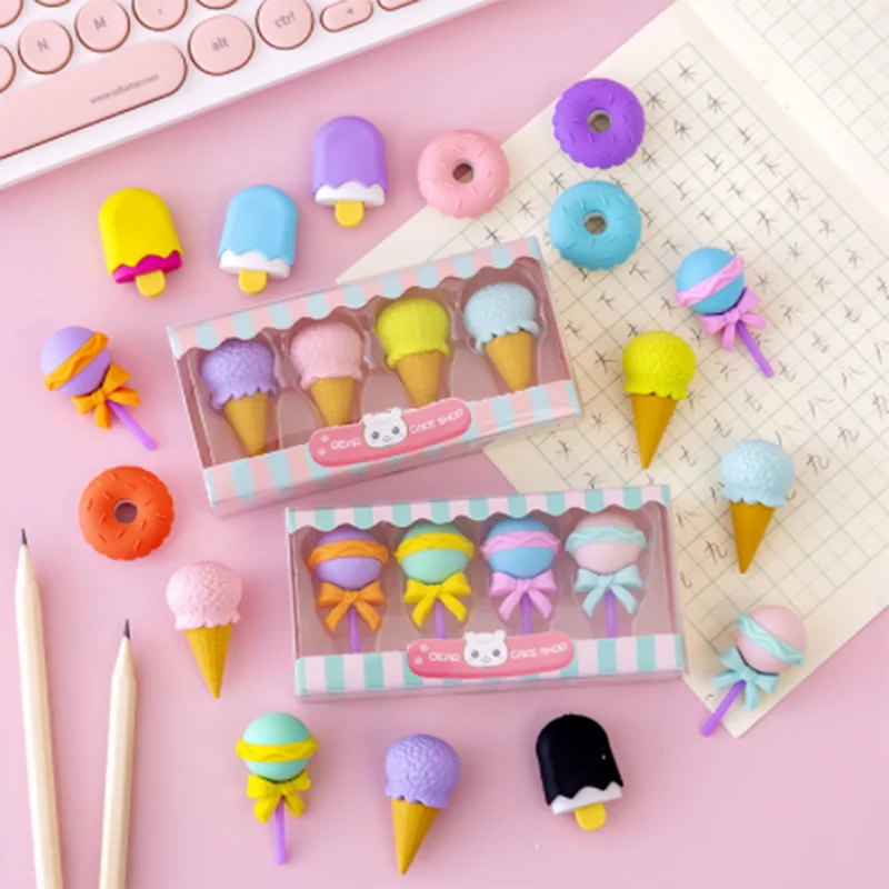1Set 4Pcs Simulation Dessert Burger Rubber Pencil Eraser Elementary School Students Creative Cartoon Cute Little Erasers Gift