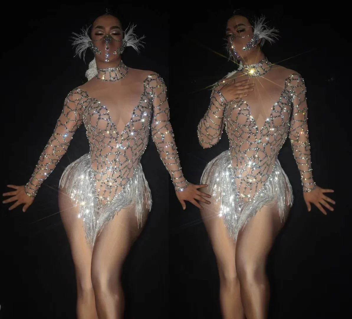 

Women Rhinestone Tassel Shining Dance Costume Sexy Perspective Crystal Bodysuits For Singer Dancer Stage Wear Celebrate Outfit