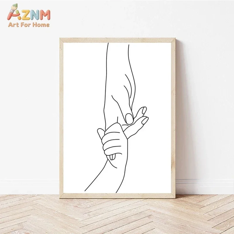 AZNM Minimalist Black White Line Art Family Pregnant Mom Canvas Wall Art, Abstract Minimal Outline Drawing Unframed Print For Nu