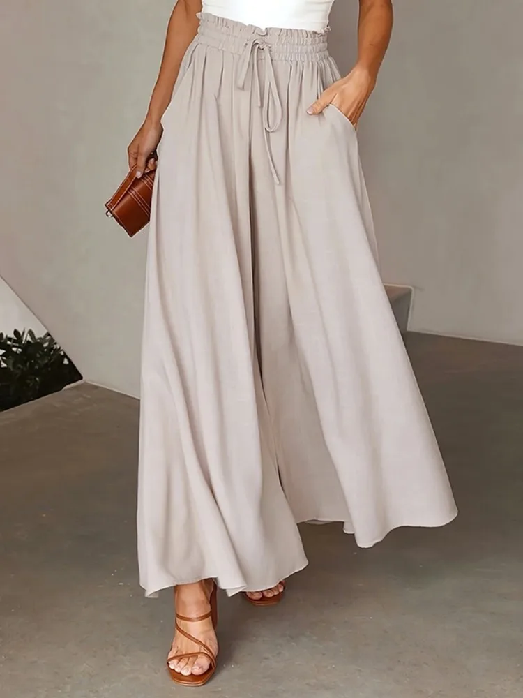 

UOOZEE Women Solid Color Elastic Waist Drawstring Wide Leg Pants 2025 New Fashion Loose Casual Daily Simple Trousers Bottoms