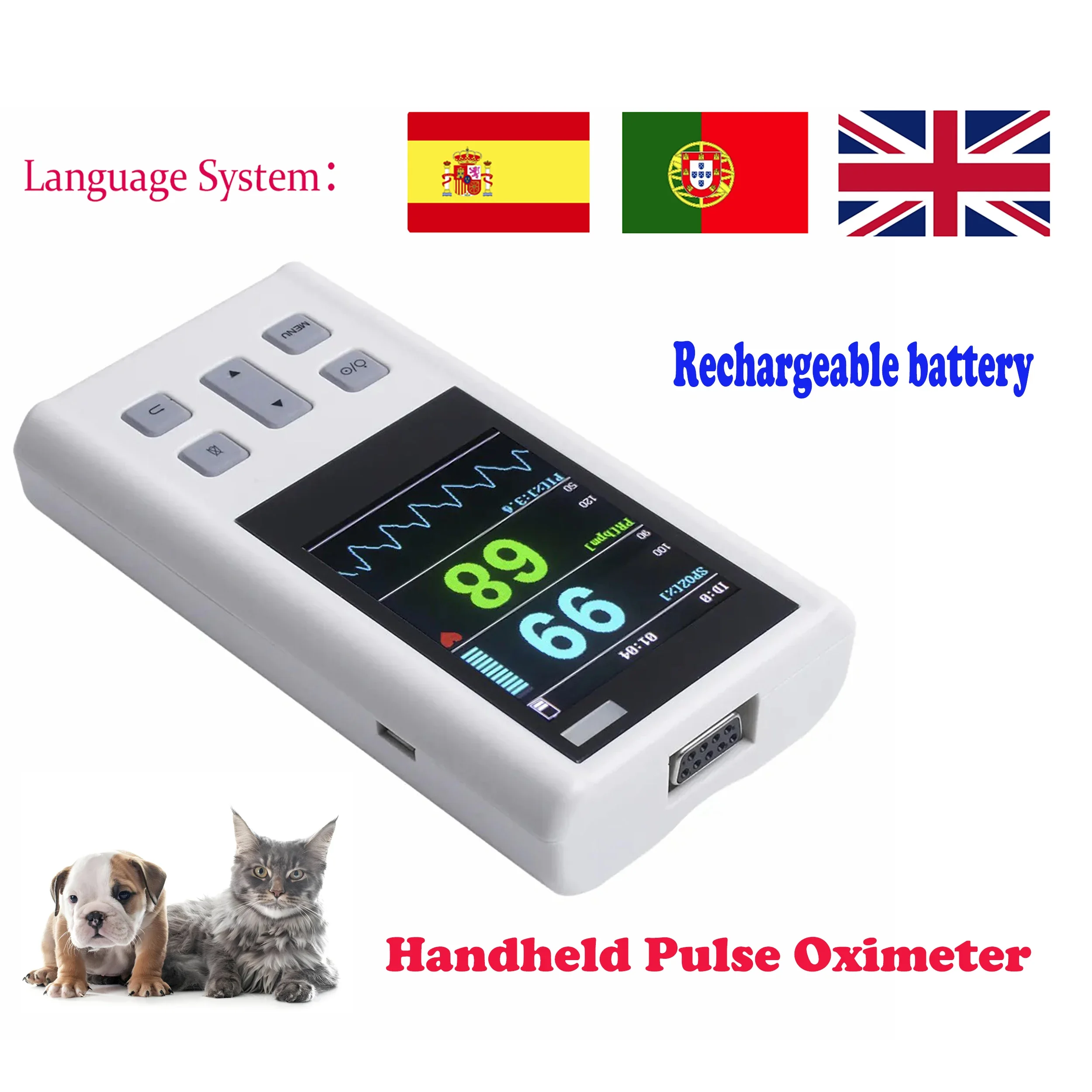 Portable Handheld Pulse Oximeter rechargeable for Heart Rate Saturation with Veterinary SPO2 PR PI with Memory