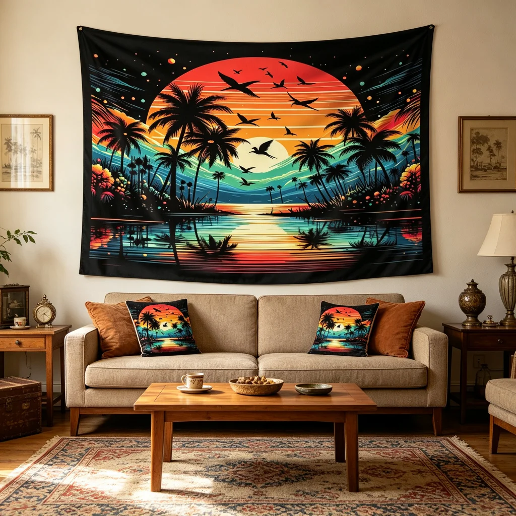 1PC Vintage Tropical Sunset Art Print Backdrop Banner, Bedroom Living Room Photo Background, Polyester, Home Decor, Wall Art