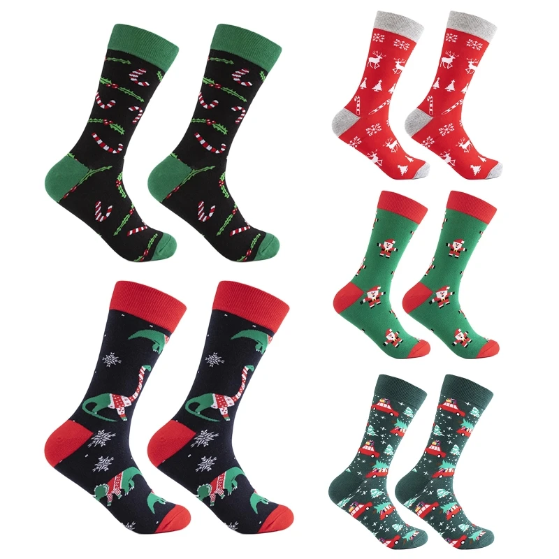 Men Christmas Holiday Cotton Socks Colorful Cartoon Santa Dinosaur Reindeer Printed Funny Festival Tube Stockings