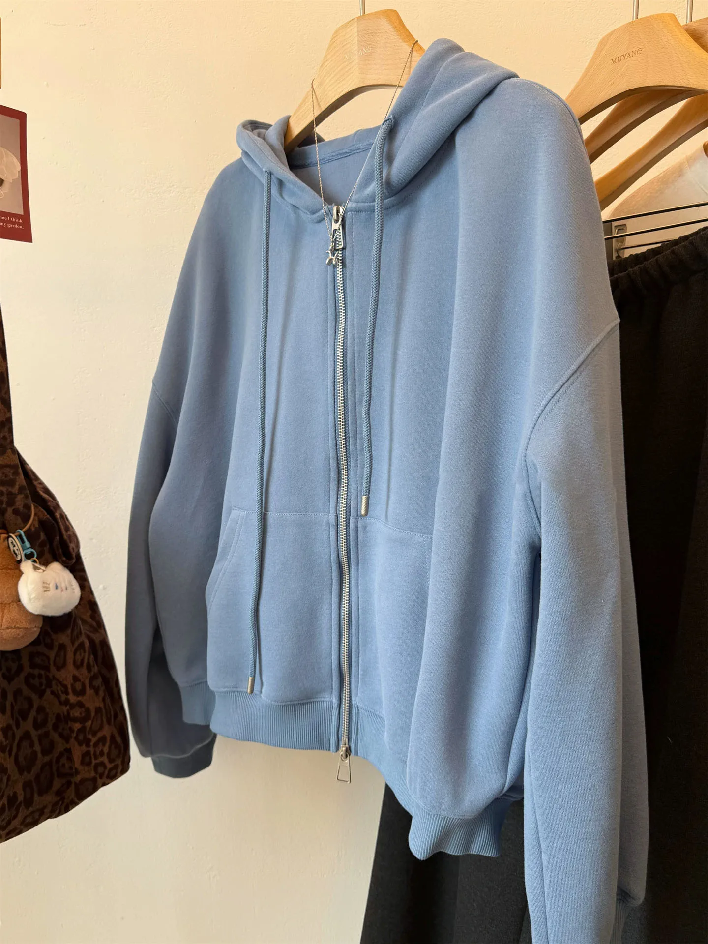 Autumn women's casual solid color loose and versatile cardigan hooded sweatshirt