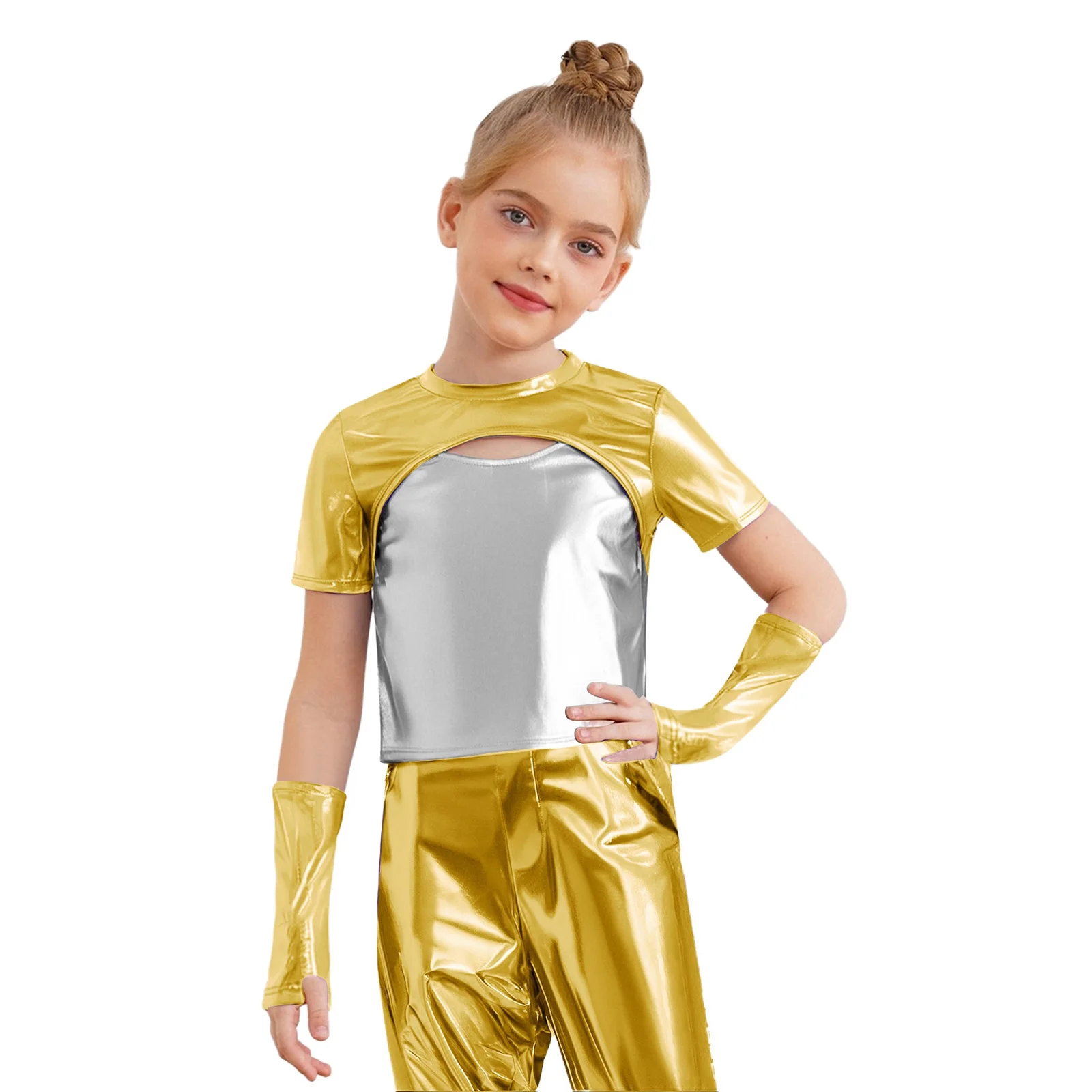 أطفال بنات الهيب هوب ملابس رقص الجاز قصيرة الأكمام انقطاع اللون كتلة معدنية مع قفازات والسراويل البضائع السراويل الزي #3