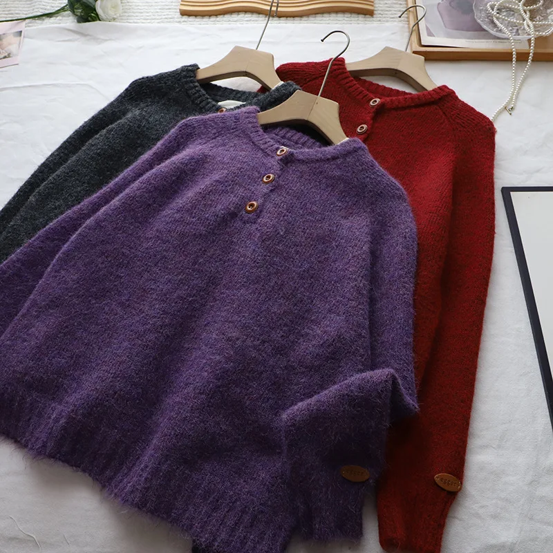Loose Women's Knitted Sweater round Ne Tee Button Casual Sle Autumn Winter New Arrival Comfortable Long Sve Top