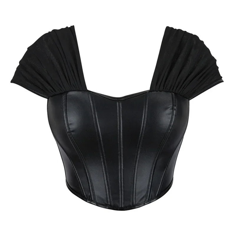 

Women Black PU Faux Leather Splicing Mesh Overbust Corset Sexy Off Shoulder Body Shaper Bustier Crop Top