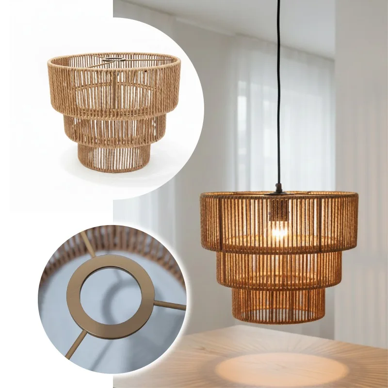 Three-layer Foldable Removable Lampshade Metal Frame with Jute Rope Weave Bohemian for Dining Room Kitchen Pendant/Floor Lamps
