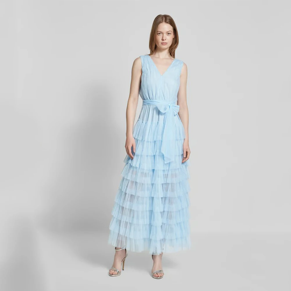 

Dream Classic Elegant Evening Dress Tulle for Ankle-Length V-Neck Sleeveless Prom Dress Bow Tiered Vestidos De Fiesta Customized
