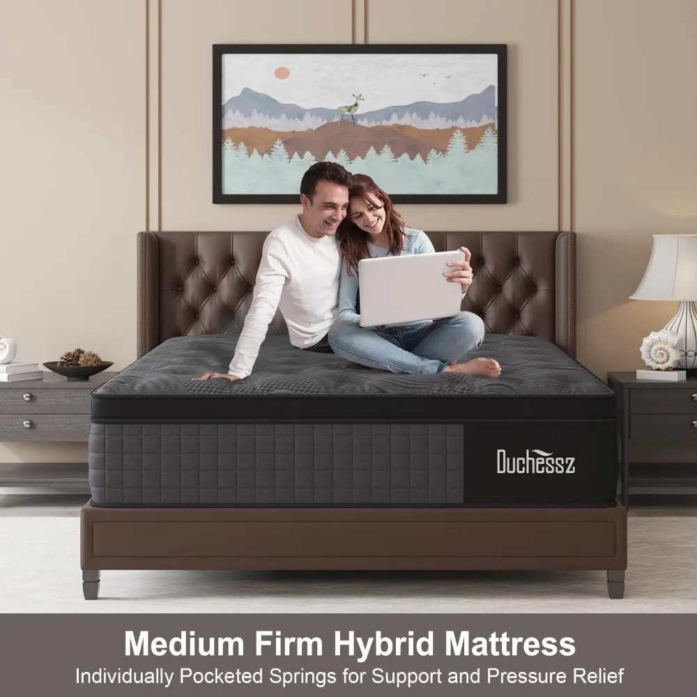 Matelas Queen hybride moyen ferme de 12 pouces avec mousse à mémoire de forme gel et sommier européen à ressorts intérieurs avec poches