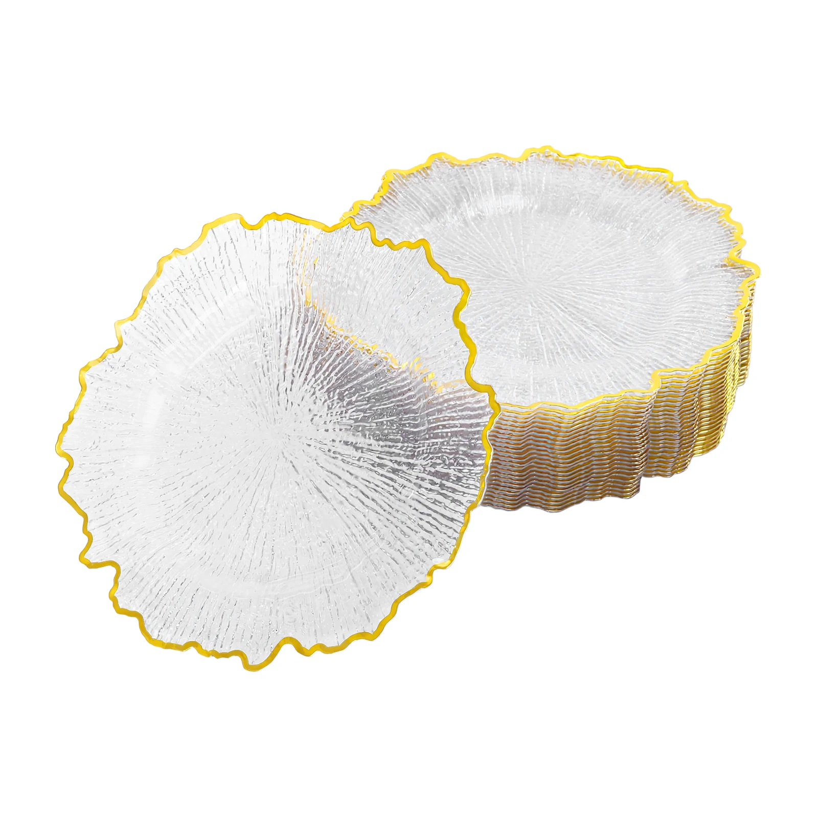 Charger Plate 25 Pack 32cm, Serving Charger Plates Clear Gold Rim Plastic, Stackable Dinner Plates for Wedding Party Banquet