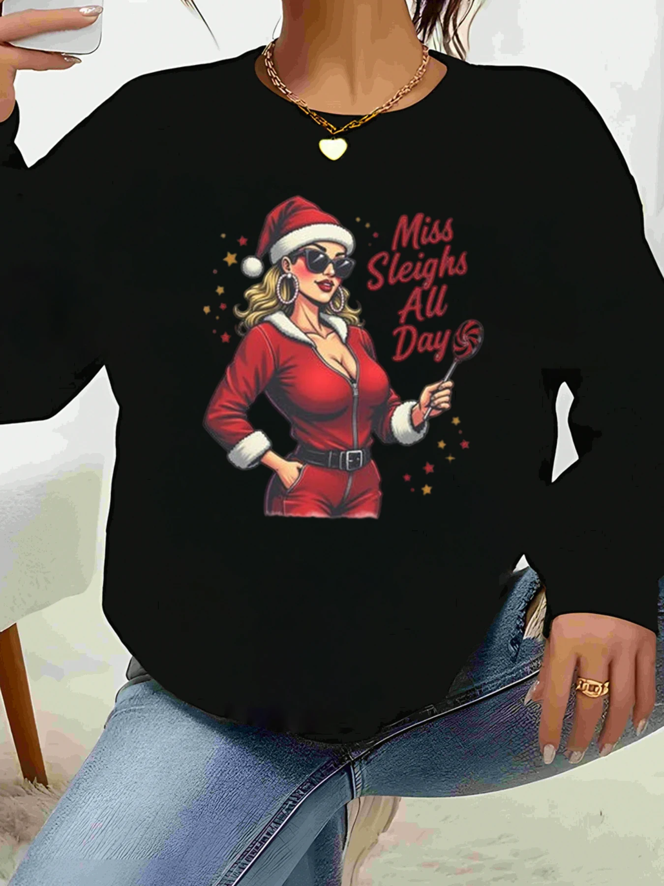 

Miss Sleighs All Day Санта-Девушка с принтом Рождественская футболка с длинными рукавами Женская повседневная праздничная одежда