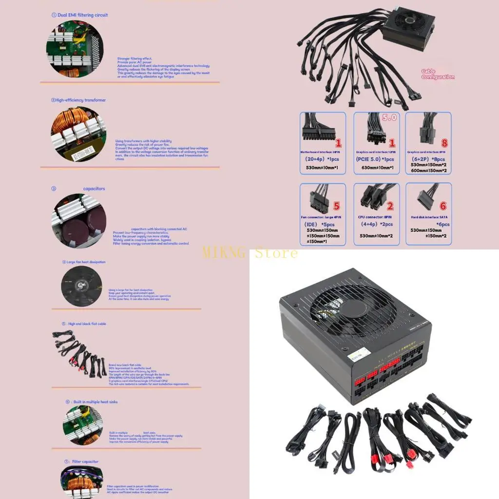 

1250W Power Supply Cord Double CPU Power Supply PCIE5.0 Graphics Expansion Card PC Power Supply best sale