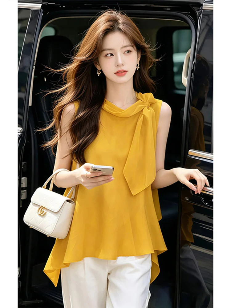 

Korean Style Simple Elegance Stand Collar Asymmetrical Sleeveless Top Women's Summer New Fashion Slimming Commuter Style T-shirt